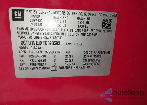 2015 GMC Sierra 1500 Slt from USA, damaged, VIN 3GTU1VEJXFG398593